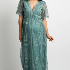 Teal Lace Mesh Overlay Maternity Maxi Dress